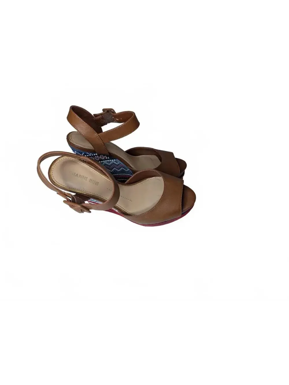 Gianni Bini Embroidered Platform Wedge Sandal with Faux-Leather Straps Size 7.5